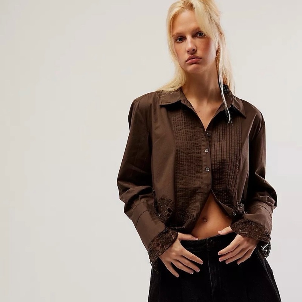 Free People Brown Button-Up Shirt with Lace Details